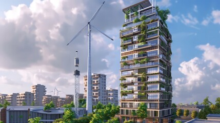 A high-rise apartment building with self-sustaining features like in-built wind turbines, solar panels, and a system for greywater recycling, set in a modern urban environment. 
