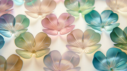 Pastelcolored translucent flowers and petals arranged in an intricate pattern on the white background. Minimal spring background. Closeup, top view, dreamy atmosphere.