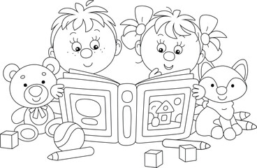 Funny little boy and girl reading an interesting book of fairy tales among their toys in a nursery room, black and white outline vector cartoon illustration for a coloring book