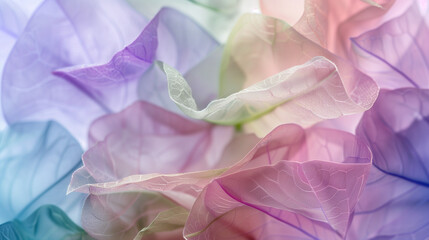 Closeup of pastel colored flower petals, with layers of soft pink and purple hues blending together, creating an ethereal atmosphere. Abstract spring background