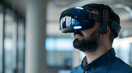 Man engaged in a virtual reality experience with illuminated VR headset in an office setting

