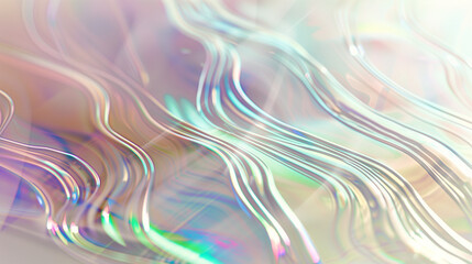 Iridescent lines and curves on a light white background create an ethereal effect with iridescence and opalescence. Abstract background