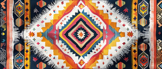 Bohemian chic rug, 3D vector, colorful layers and fringe details