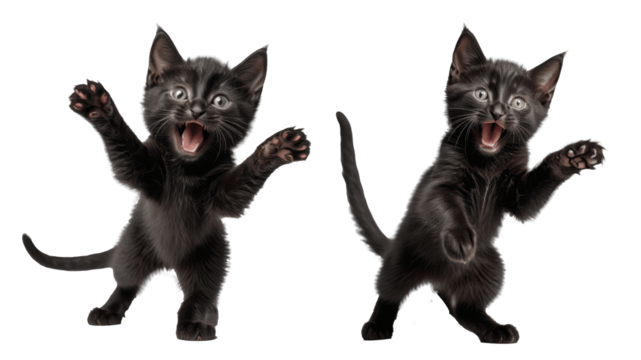 two angry black kittens isolated on transparent background