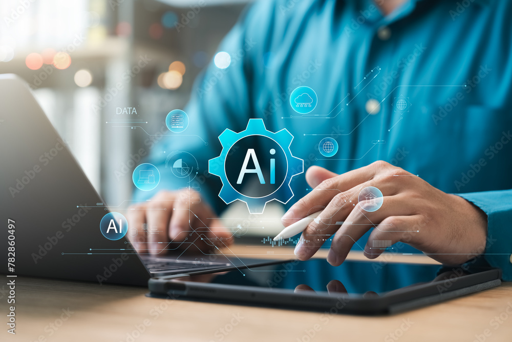 Poster businessman using artificial intelligence ai technology in future business, using artificial intelli