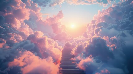 A majestic stairway surrounded by soft, radiant clouds, each step leading higher towards a tranquil, divine paradise.  - obrazy, fototapety, plakaty