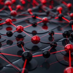 3d render of network connection structure with red spheres and black circles on dark background, low angle view, stock photo