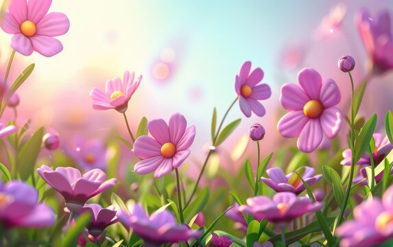 3D cartoon flower background, realistic illustration of spring flowers