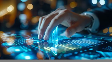 Engaged financial analyst navigates futuristic data on touchscreen, exemplifying cutting-edge analysis in a vibrant, tech-driven workspace.
