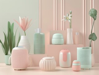 Fototapeta na wymiar 3D pastel air purifiers, humidifiers, smart speakers, all in a charming clay render