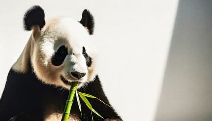 Fototapeta premium A stylized image of a panda with a few bold strokes, focused on eating a simple green bamboo shoot, against a clean, white background for contrast.