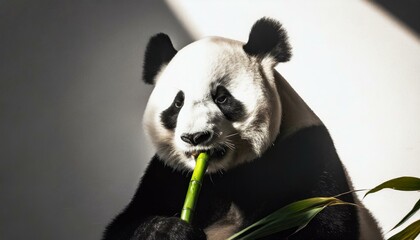 Naklejka premium A stylized image of a panda with a few bold strokes, focused on eating a simple green bamboo shoot, against a clean, white background for contrast.