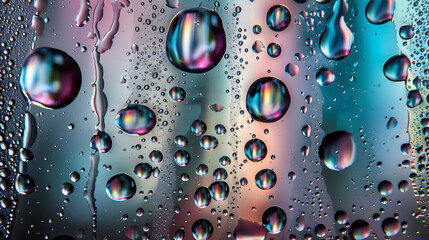 Closeup of water droplets on glass, with the background featuring an abstract gradient pattern in various shades of blue and purple. Abstract wallpaper