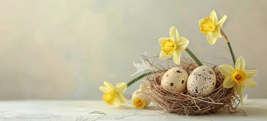 a nest of eggs with daffodils on a table - obrazy, fototapety, plakaty