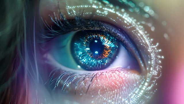 Dynamic biometric retinal scan animation through futuristic lens concept.