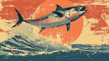 A vibrant vintage travel poster-inspired illustration for World Tuna Day, featuring a dynamic tuna against an orange sunset and ocean waves