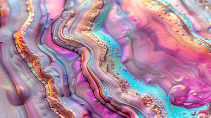 Abstract background with colorful iridescent fluid marble  shimmering texture, pink, purple, blue and gold. Close up