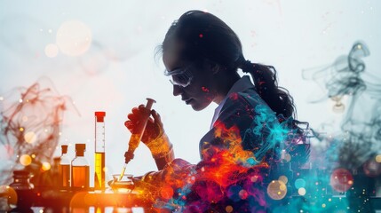 Double exposure scientist with isolated on white background - obrazy, fototapety, plakaty
