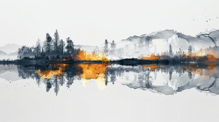 Isolated against white, a double exposure paint brush design features a landscape overlay