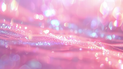 A pastel pink, holographic scene, with light reflecting off the surface to create a soft, blurred...