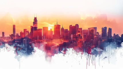 Isolated on a white background, a city emerges through the double exposure paintbrush design