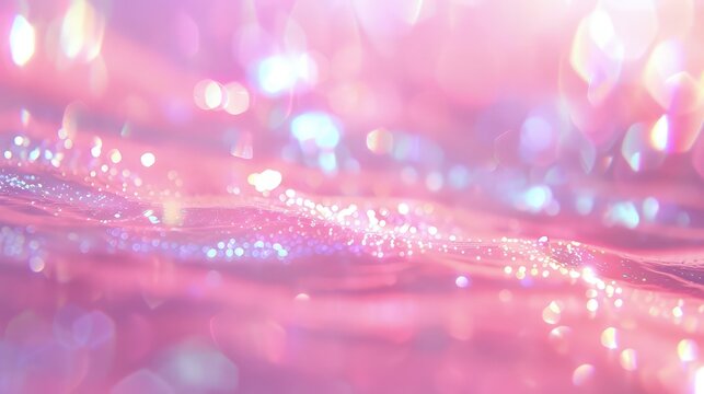 A pastel pink, holographic scene, with light reflecting off the surface to create a soft, blurred kaleidoscope of colors, producing a tranquil, soothing ambiance. 
