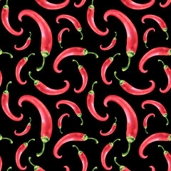 Watercolor seamless pattern with vegetable red hot chili pepper close-up on a black background. Healthy vegetables. Spicy dishes. Hand-drawn illustration. Clipart for designers, printing on fabric.