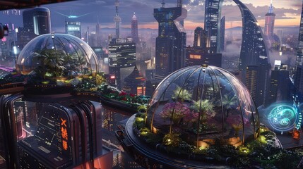 A rooftop garden with futuristic glass domes protecting rare plants, offering a haven above the neon buzz of the cyberpunk cityscape.