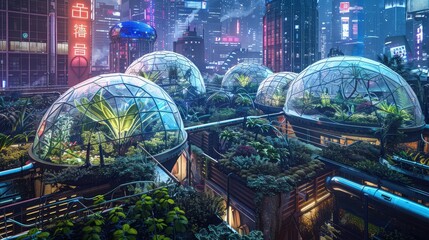 A rooftop garden with futuristic glass domes protecting rare plants, offering a haven above the...
