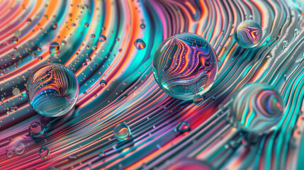 Abstract background with closeup of swirling, multicolored liquid with bubbles and droplets on the surface. 