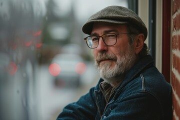 Portrait of a senior man with gray beard wearing a cap and glasses, standing in front of a window on a rainy day