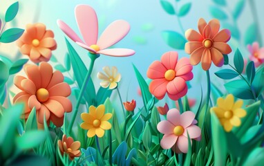 3D cartoon flower background, realistic illustration of spring flowers