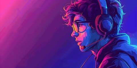 Fototapeta premium Focused Student Gamer Competing in Intense Futuristic E Sports Tournament with Neon Lighting