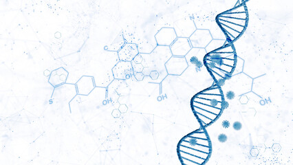 Chemical structure with blue DNA chain isolated on white. Copy space abstract illustration background. - 782862217