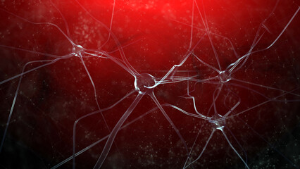 Artistic neuron cells in the brain on red mysterious background illustration.
