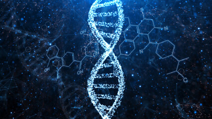 Glowing DNA cell structure and chemical bonds background. Dark blue space concept illustration. - 782862238