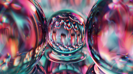 Abstract fractal background with closeup of transparent spheres with colorful reflections, forming an abstract pattern
