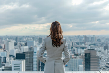 Fototapeta na wymiar Rear View of a Businesswoman Standing on a Building Rooftop with the Urban Panorama Behind Her