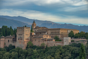 Sunset view of the Alhambra Palace, in Granada, Spain.