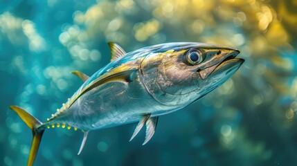 A stunning close-up of a solitary tuna fish gliding through the shimmering underwater realm, its details accentuated by natural light. World Tuna Day