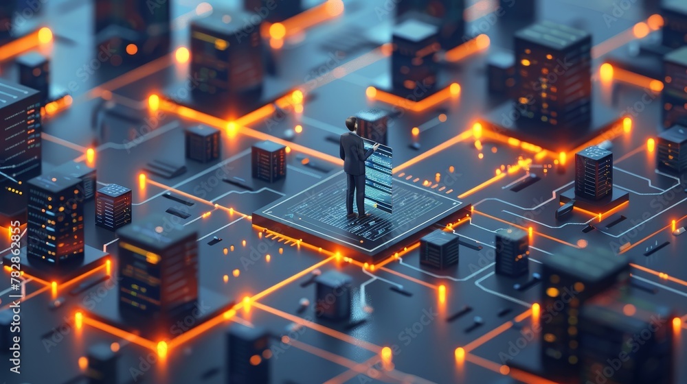 Poster business network: a 3d vector illustration of a businessman accessing a secure network on a mobile d
