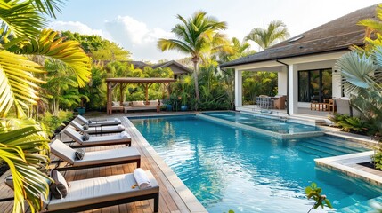 Fototapeta premium A spacious backyard with a large swimming pool and sun loungers on the deck. 