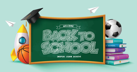 Back to school vector template design. Welcome back to school greeting typography in green chalk board with books, rocket and soccer ball for educational learning background. Vector illustration 