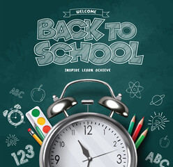 Back to school vector poster design. Welcome back to school greeting in chalk board space with alarm clock, color pencil and doodle materials drawing background. Vector illustration school greeting 