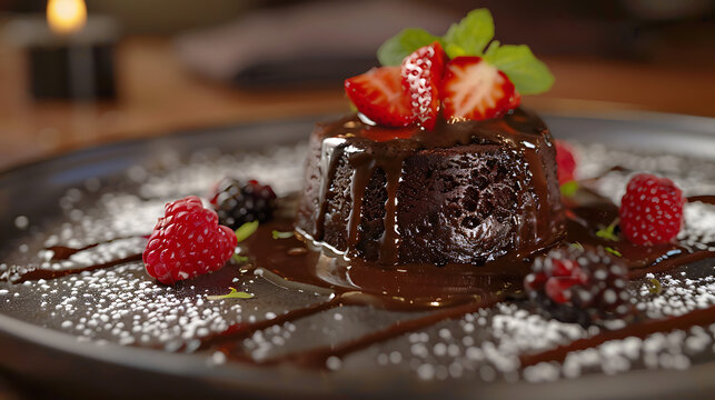 Decadent lava cake oozing with rich chocolate and paired with fresh, juicy strawberries, creating a harmonious blend of sweet indulgence. Perfect for satisfying dessert cravings and elevating any occ