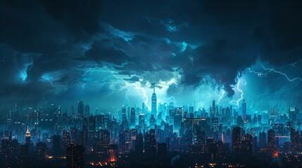 Obraz premium City Skyline: A 3D vector illustration of a city skyline during a thunderstorm