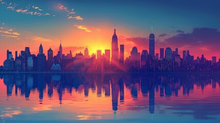 Fototapeta na wymiar City Skyline: A 3D vector illustration of a city skyline at sunset