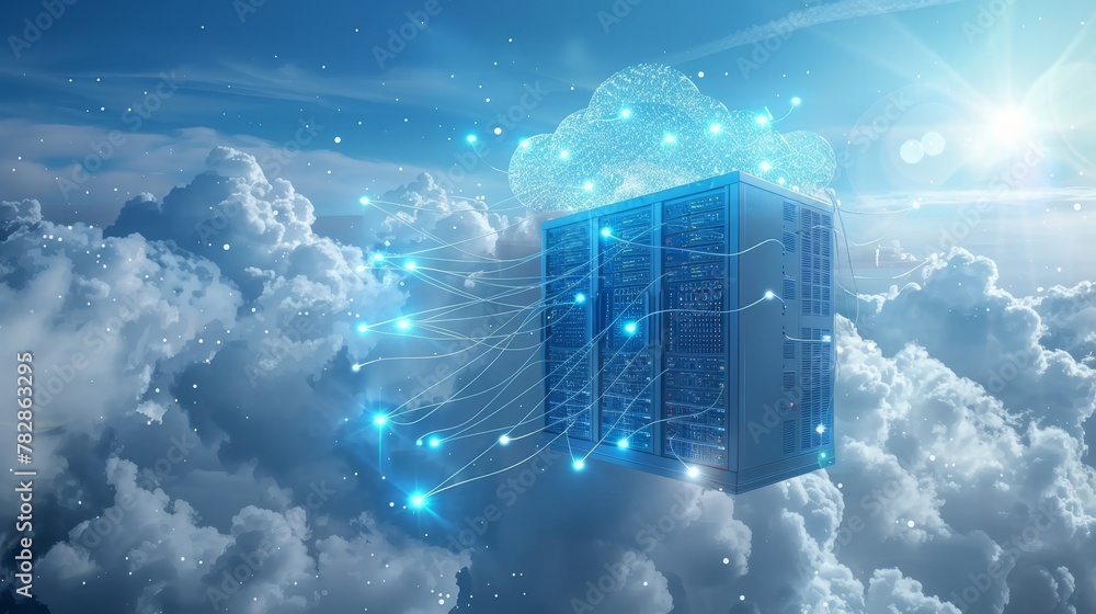 Poster cloud networking: a 3d vector illustration of a cloud server floating in the sky