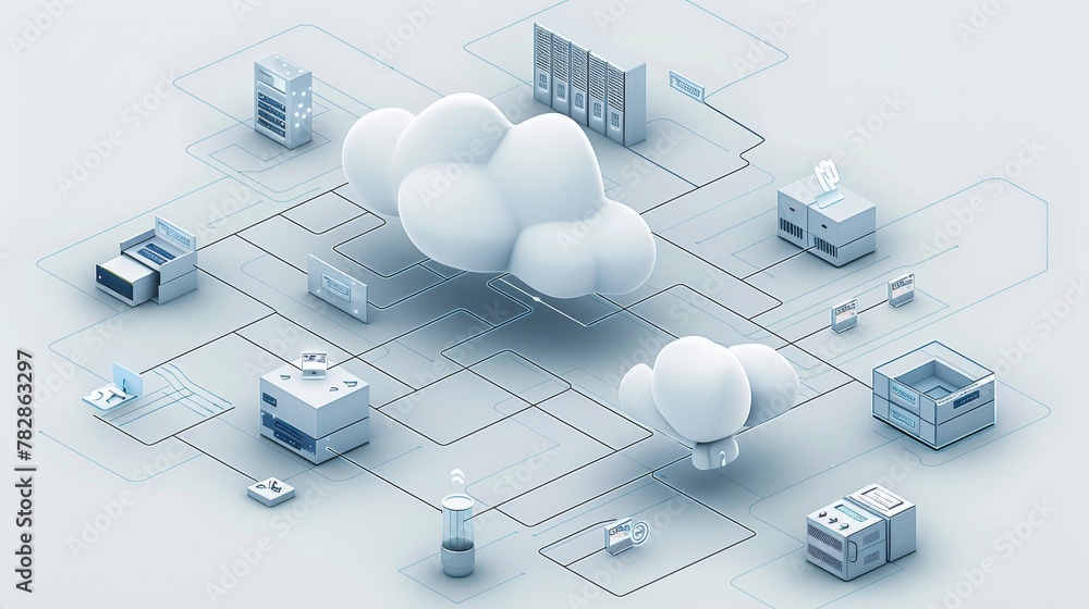 Poster cloud networking: a 3d vector illustration of a network diagram with cloud symbols