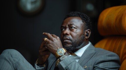 An elegant black businessman dressed in a suit checks the time on his luxurious gold wristwatch, indicating punctuality and professionalism.